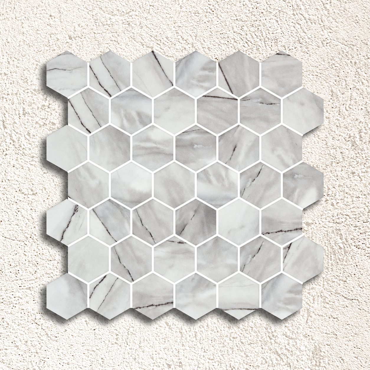Hex XL Inverno Grey matt glass mosaic sheet with pale grey marble-effect hexagons and fine dark veining.