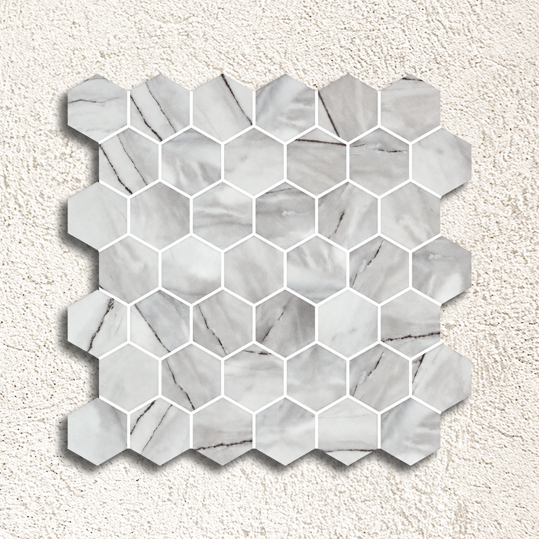 Hex XL Inverno Grey matt glass mosaic sheet with pale grey marble-effect hexagons and fine dark veining.