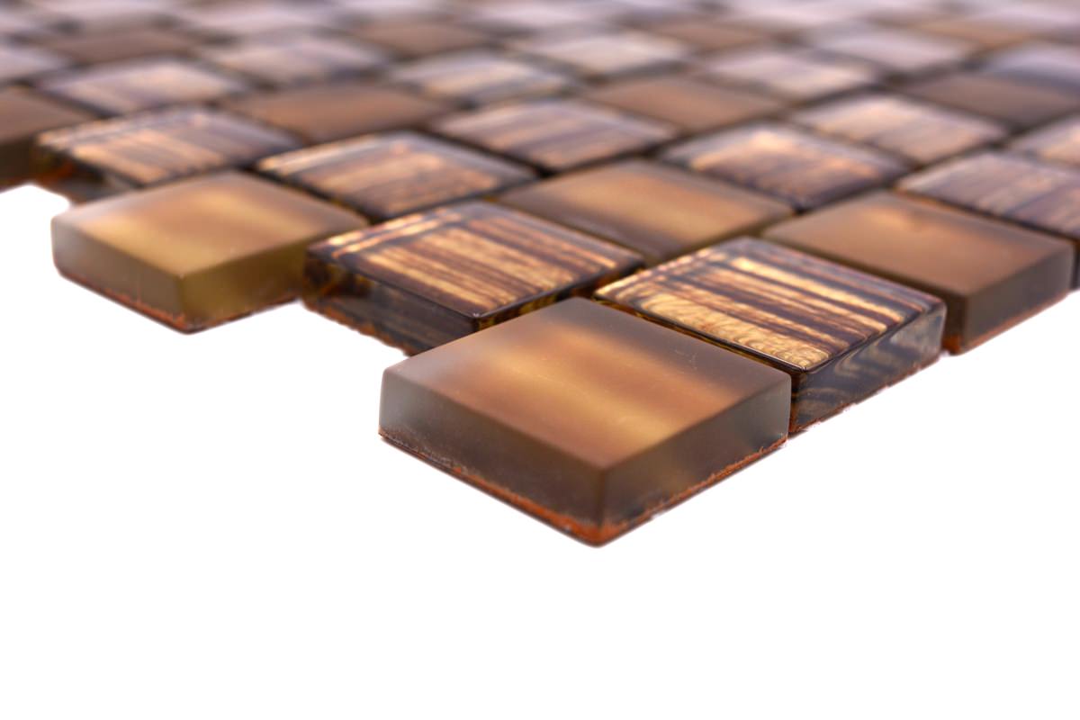 Honey Bronze Glass Mosaic Tile sheet in square chip format with mesh-mounted backing, bronze glass variation and warm metallic tones.