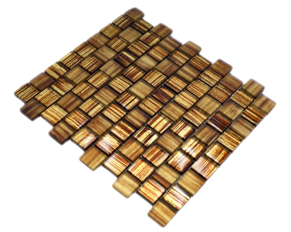 Honey Bronze Glass Mosaic Tile sheet in square chip format with mesh-mounted backing, bronze glass variation and warm metallic tones.