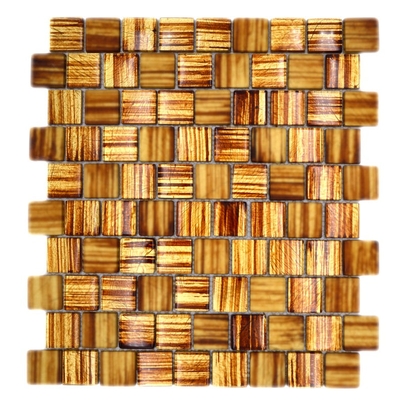 Honey Bronze Glass Mosaic Tile sheet with glossy square chips, amber tones and bronze streak detailing on a mesh backing.