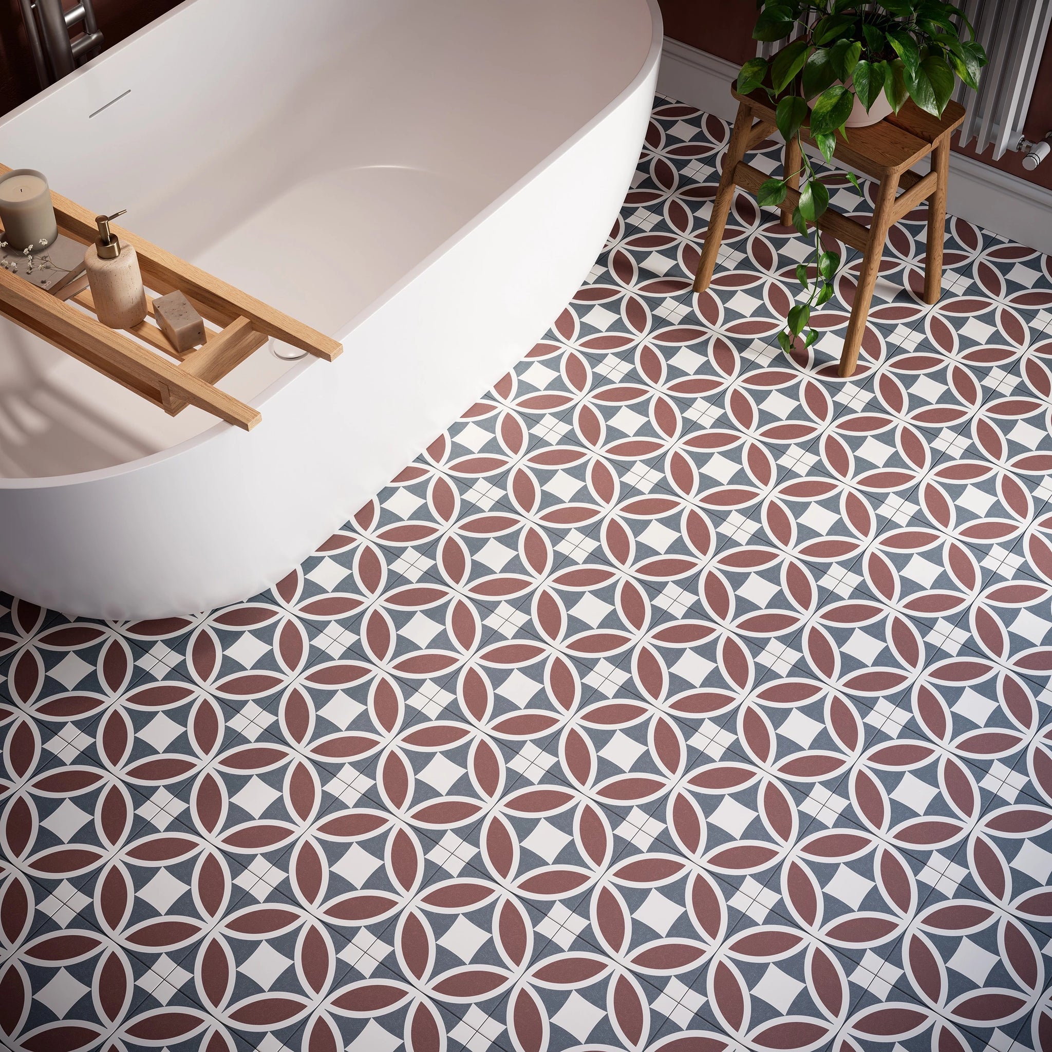 Javanese Terracotta Petal Pattern Porcelain Tile used on a bathroom floor with freestanding bath and warm interior styling