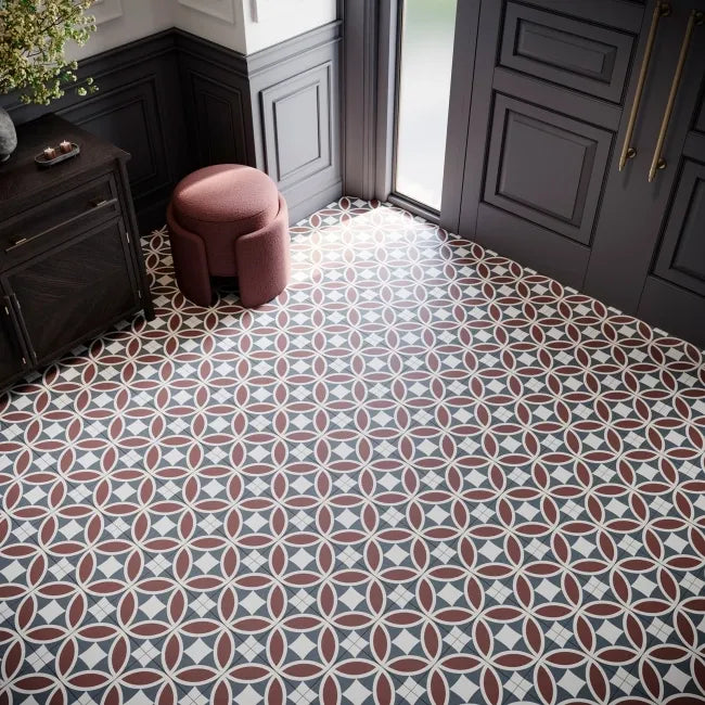 Javanese Terracotta Petal Pattern Porcelain Tile in a luxury entrance hall with dark wood furniture and patterned porcelain flooring
