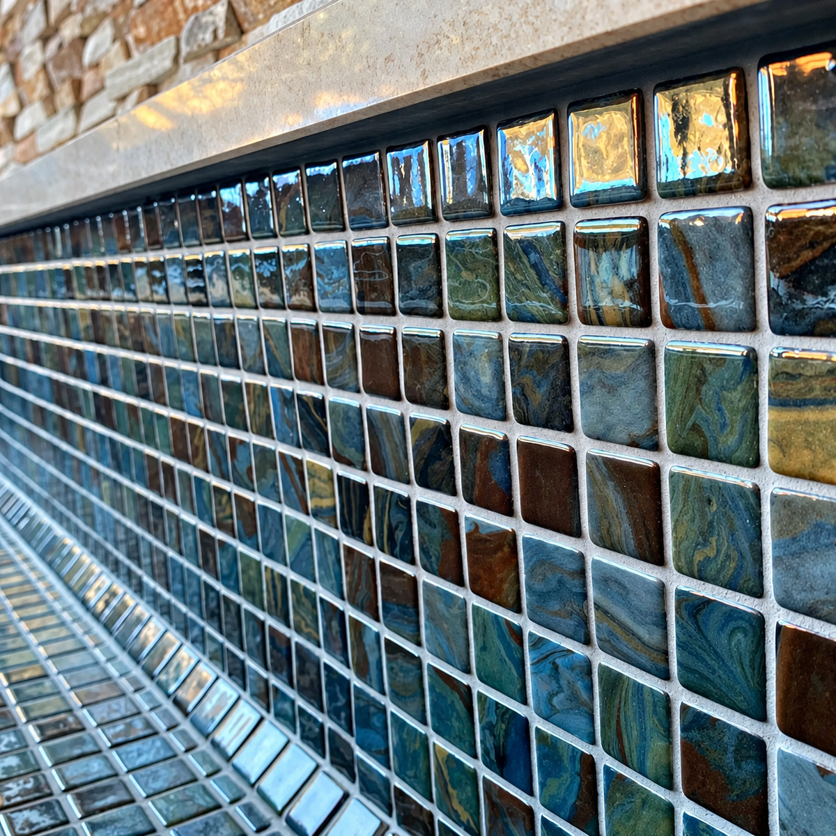 Close-up of reflective square glass tiles beneath stone coping, revealing flowing mineral patterns and light grout joints.