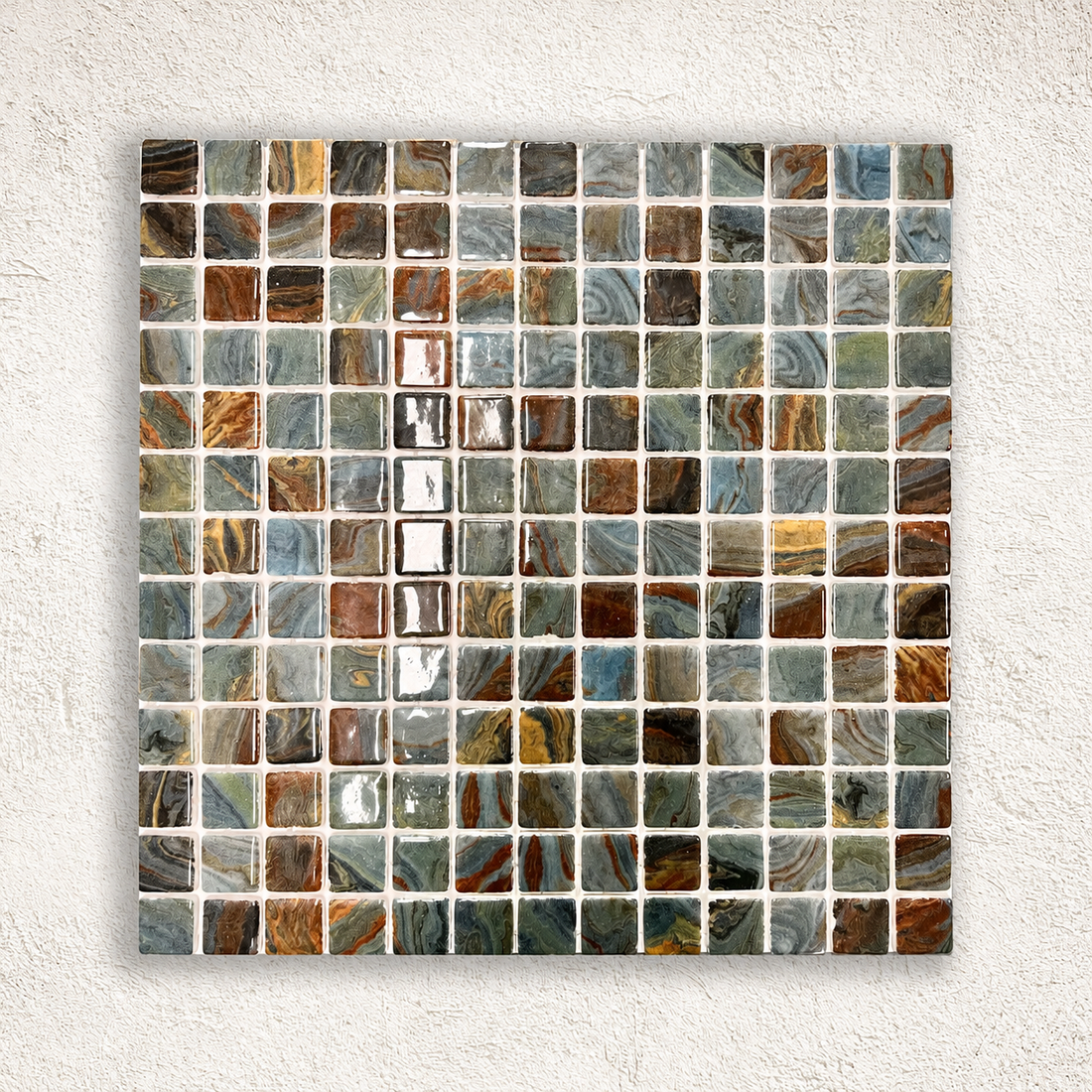 Full Karma Aquarela mosaic sheet with sage, blue-grey, rust and ochre patterns on a textured white background.