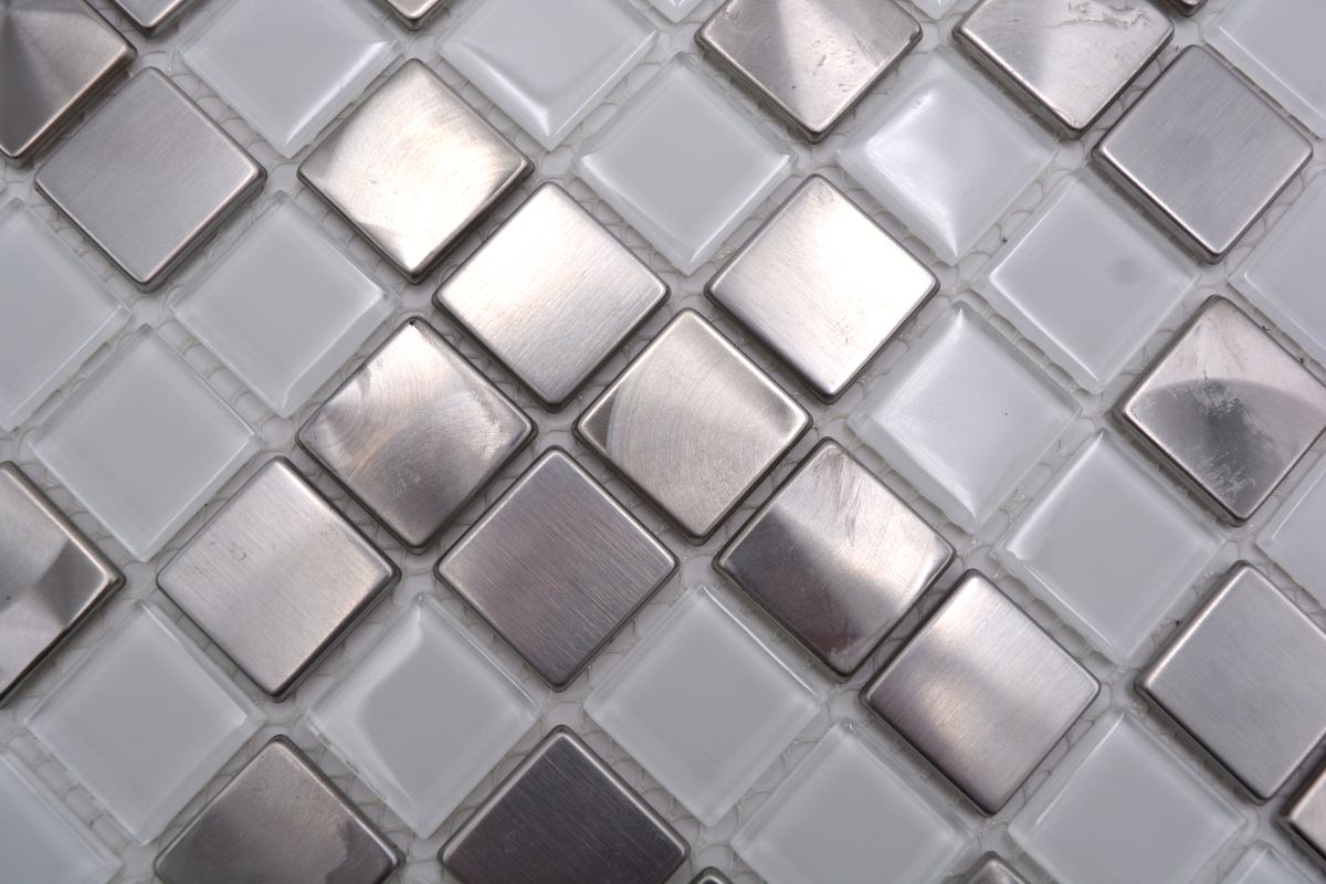 Macro image of Kensington White Glass and Silver Metal Mosaic with polished silver metal and translucent white glass chips