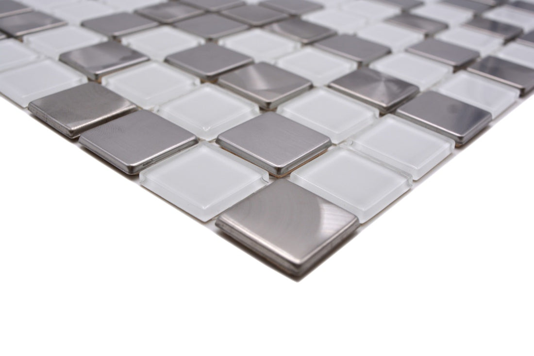 Kensington White Glass &amp; Silver Metal Mosaic Tile sheet with glossy white glass and silver stainless steel square chips