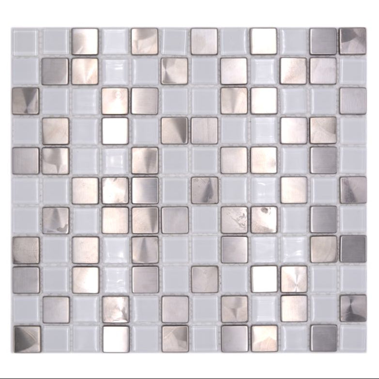 Full sheet view of Kensington White Glass & Silver Metal Mosaic Tile in square 25mm format