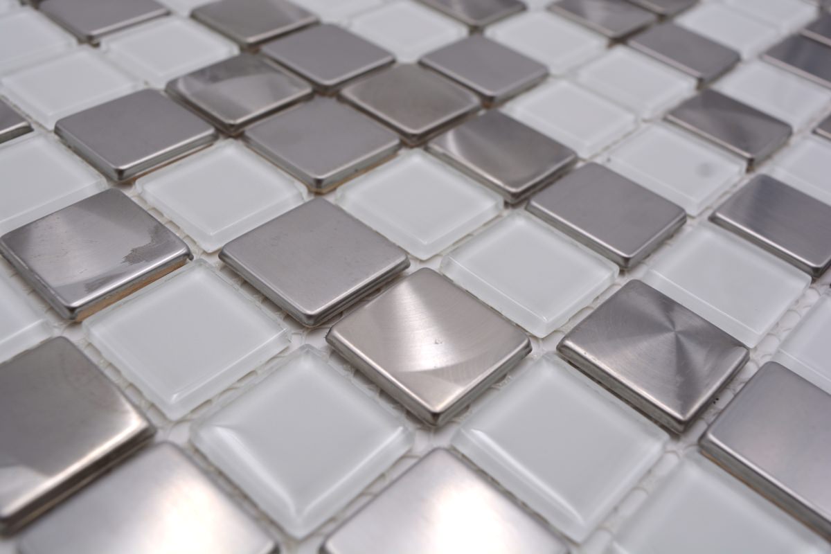 Close-up of Kensington White Glass and Silver Metal Mosaic showing raised glass and brushed stainless steel tiles