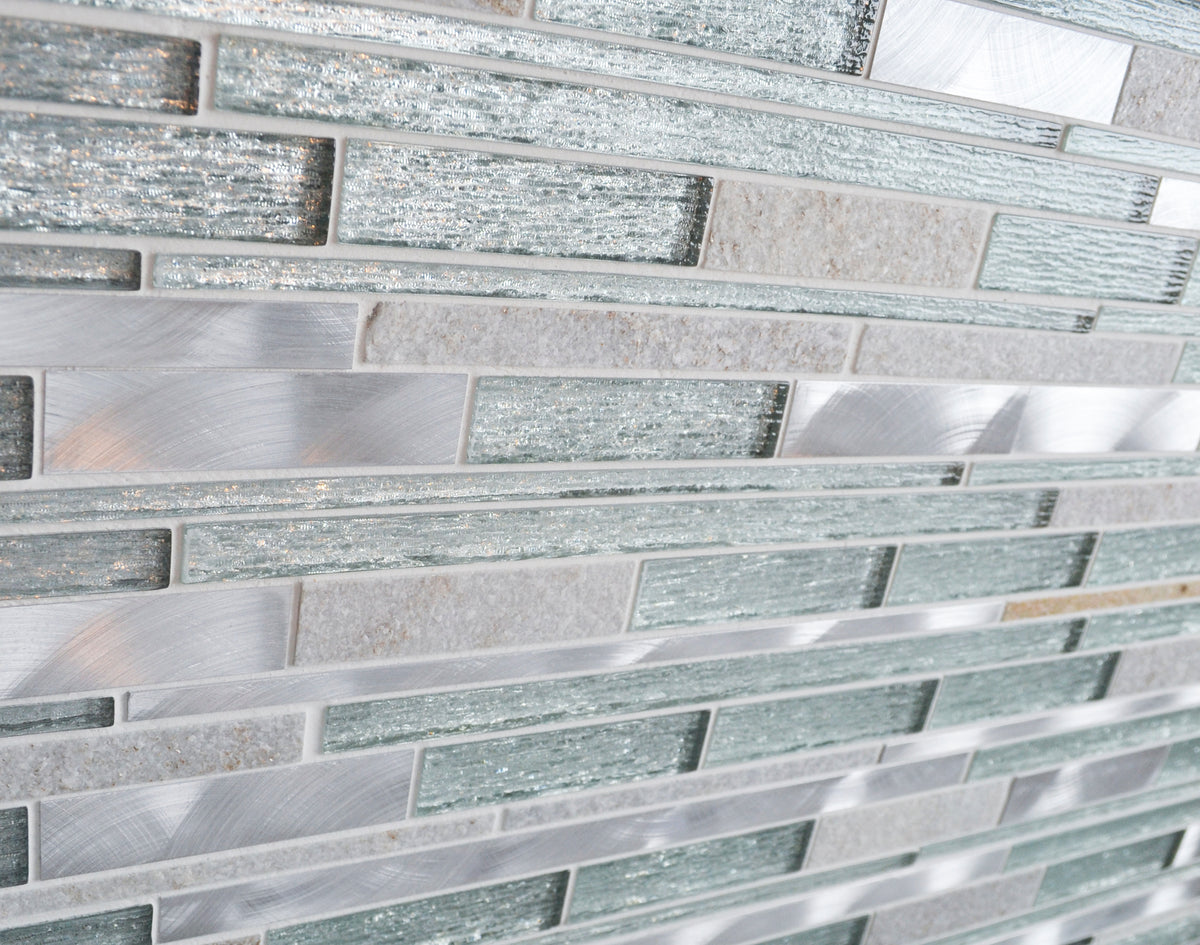 Linear metallic and stone mosaic wall tiles 
