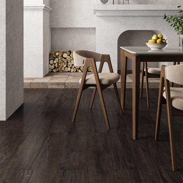 Letavole Wenge Wood Effect Floor Tile 20x120cm installed in a contemporary dining room with dark timber-look plank flooring.