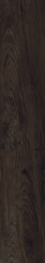 Dark brown wood effect porcelain plank with pronounced grain movement and natural knot detailing.
