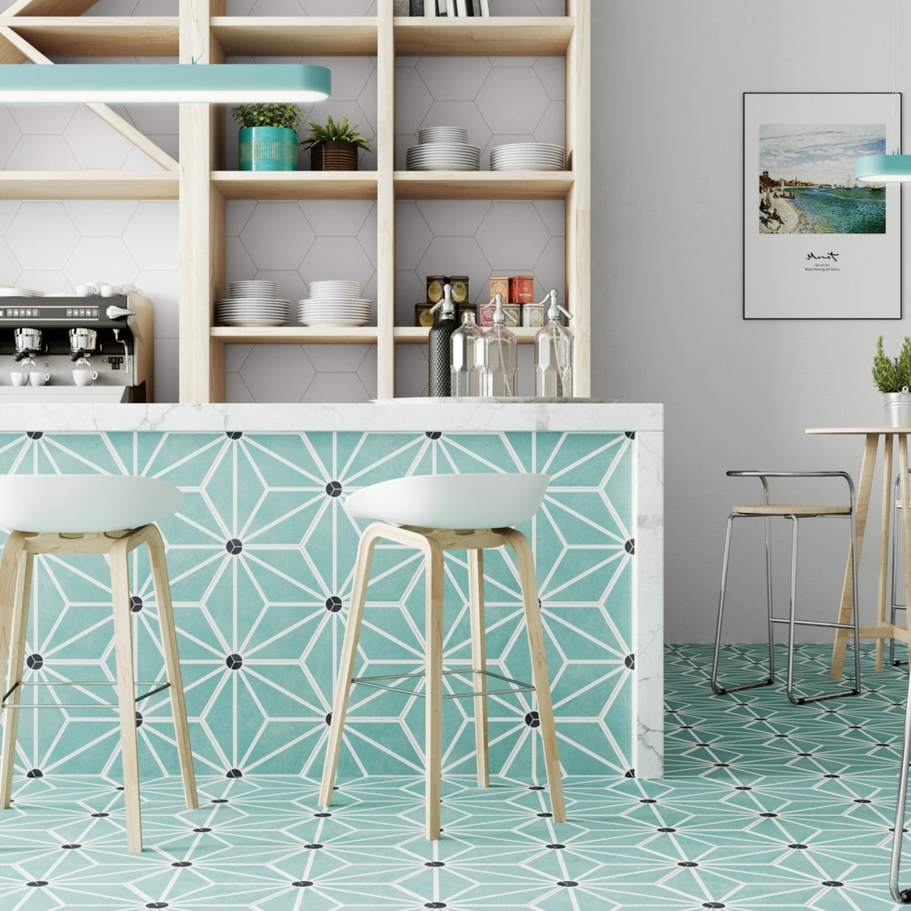 Lilly Pad Star Blue Hexagon Wall and Floor Tile
