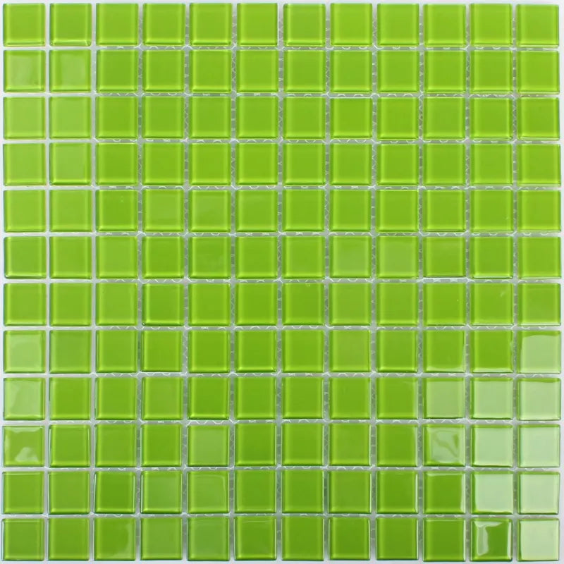 Lime green gloss glass mosaic tile sheet with 23mm square translucent chips and 1.5mm joints, suitable for pools, bathrooms and splashbacks.