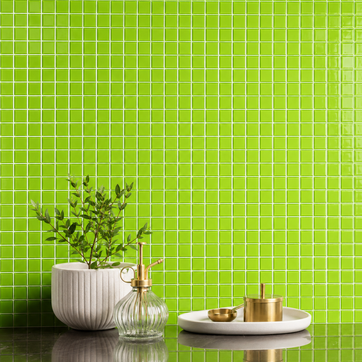 glossy green glass mosaic splashback shot 
