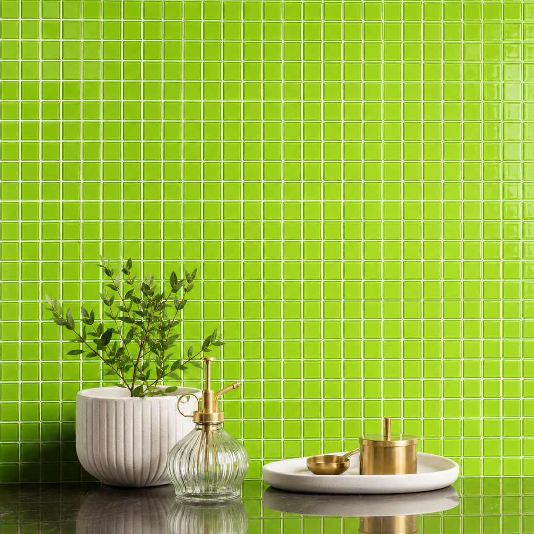 glossy green glass mosaic splashback shot 