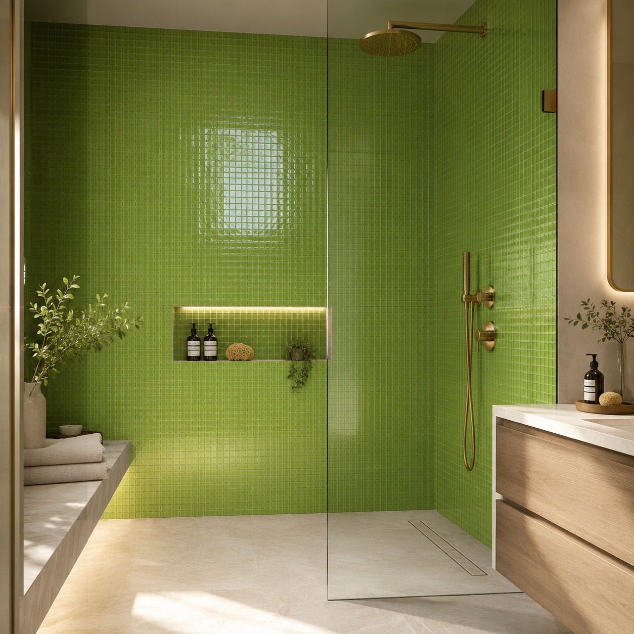 lime green glass mosaics in shower setting