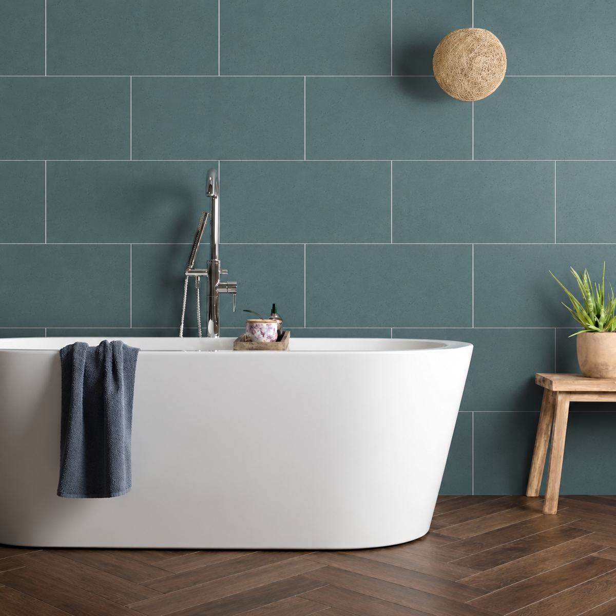 Liscio Ottanio teal matt wall tiles 600×300mm in a horizontal brick bond layout behind a white freestanding bath, with chrome tap and wood effect herringbone flooring.