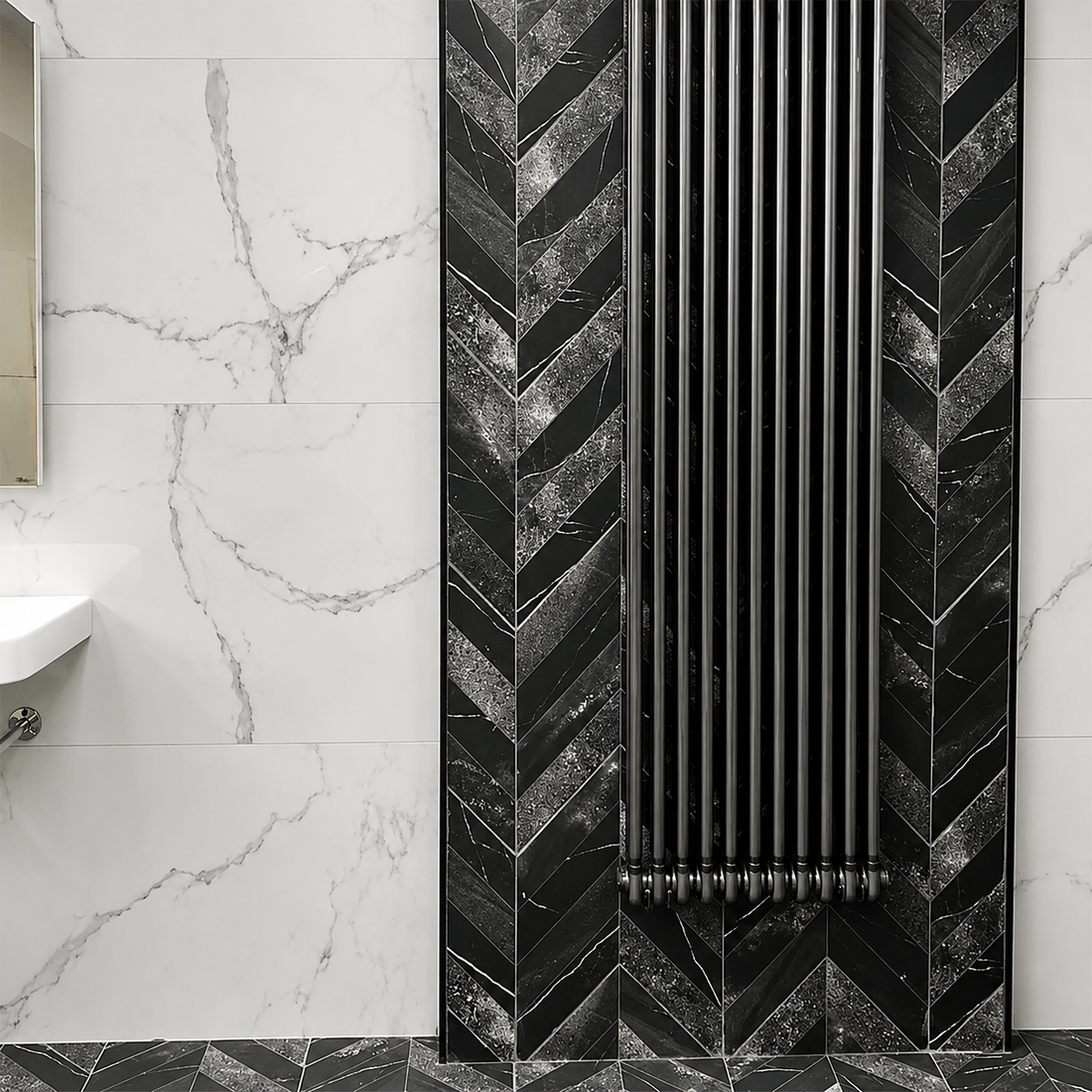 Black stone effect chevron wall and floor tiles in bathroom  