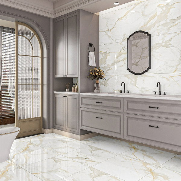 Lusso Crema Marble Effect Porcelain Tile – Gloss Rectified Large Format Wall & Floor Tile - Luxury Tiles UK