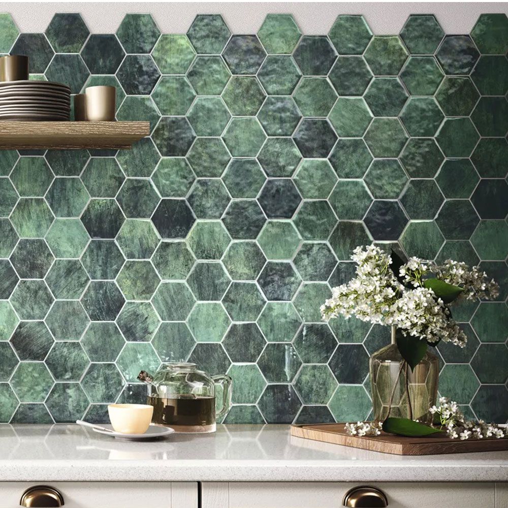 Hexagonal green tiles on a wall 