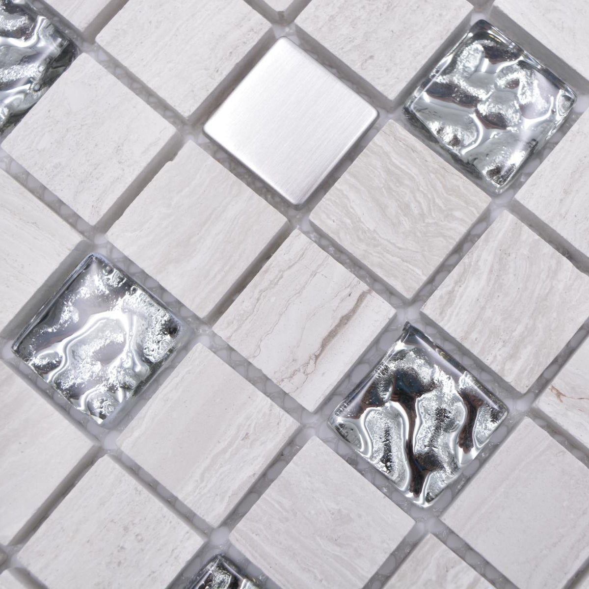 Mecine Grey Gloss Stone effect Glass, Natural Stone & Stainless Steel Mosaic Tile 300x300mm - Luxury Tiles UK
