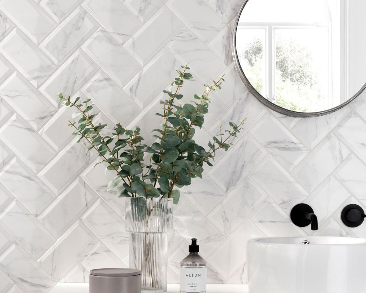 white gloss marble metro tiles bathroom cladding 