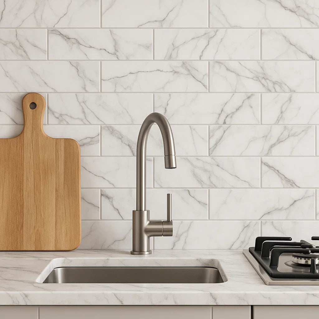 white marbled kitchen wall tiles 