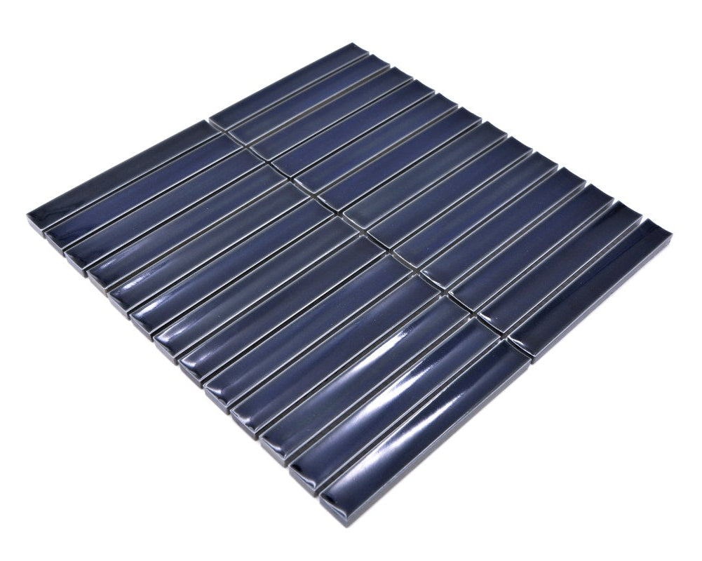 Full sheet of Midnight Navy Gloss KitKat Ceramic Mosaic Tile in a linear rectangle format