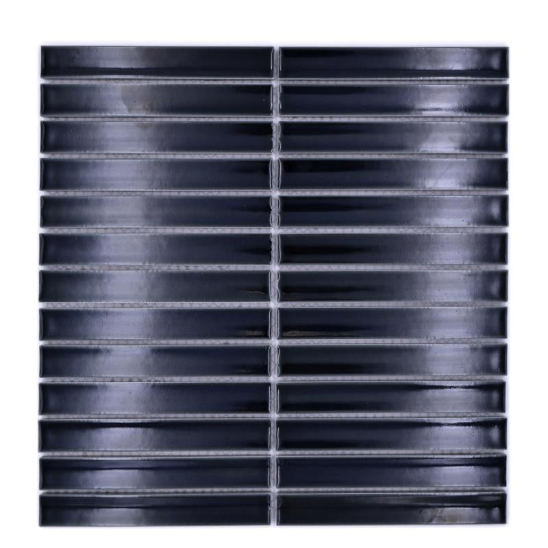 Front-facing sheet image of navy gloss ceramic KitKat mosaic tile with 20 x 145 mm rectangular pieces