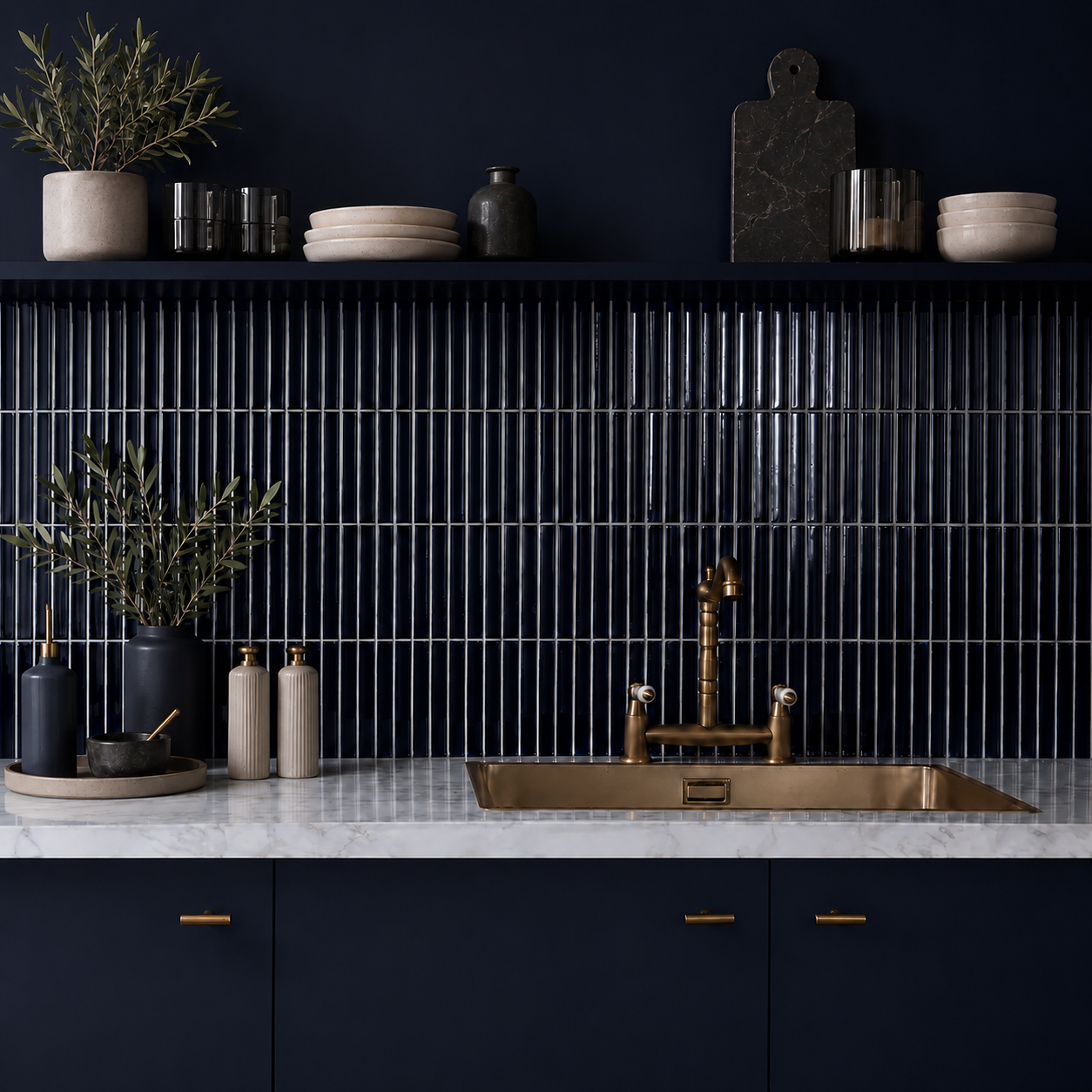 Midnight navy gloss KitKat ceramic mosaic kitchen splashback with slim 20 x 145 mm vertical tiles, 2 mm grout joints, navy cabinetry, marble worktop, brass sink tap an