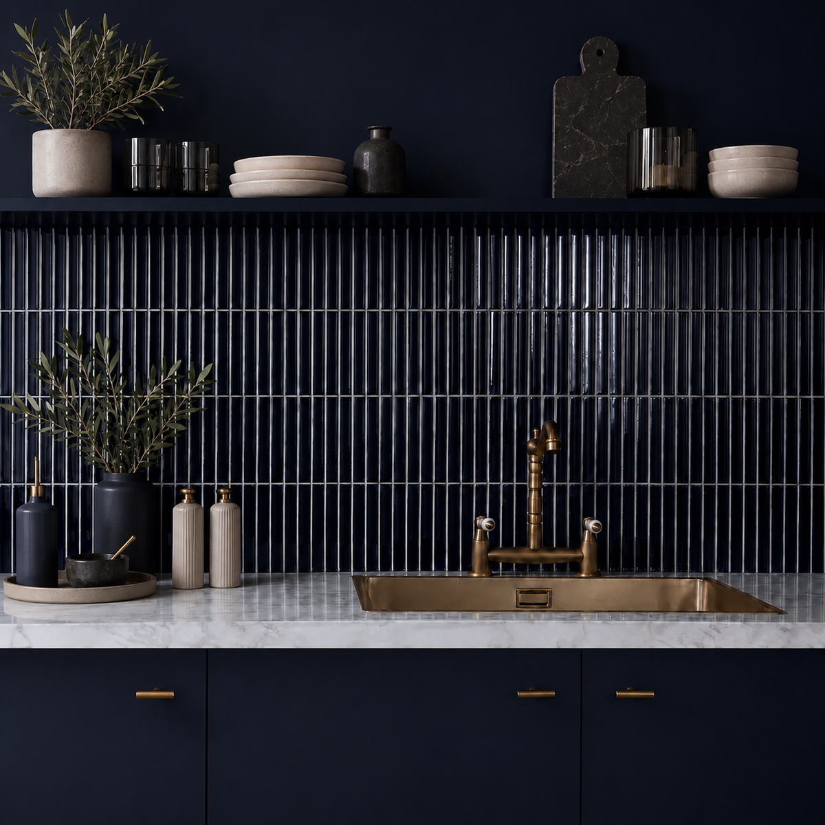 Midnight navy gloss KitKat ceramic mosaic kitchen splashback with slim 20 x 145 mm vertical tiles, 2 mm grout joints, navy cabinetry, marble worktop, brass sink tap an