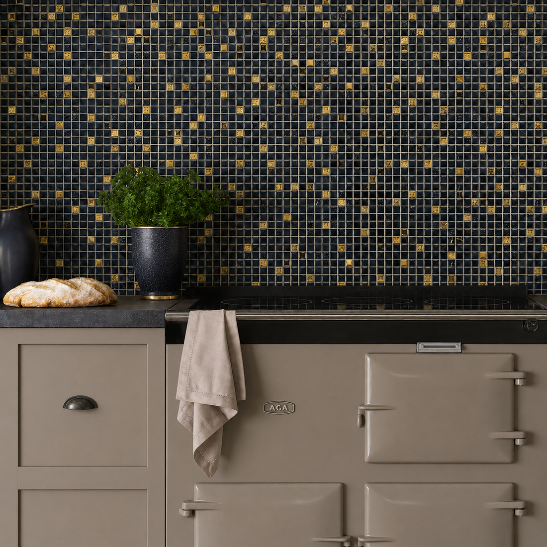 Midnight gold glass and stone mosaic splashback 
