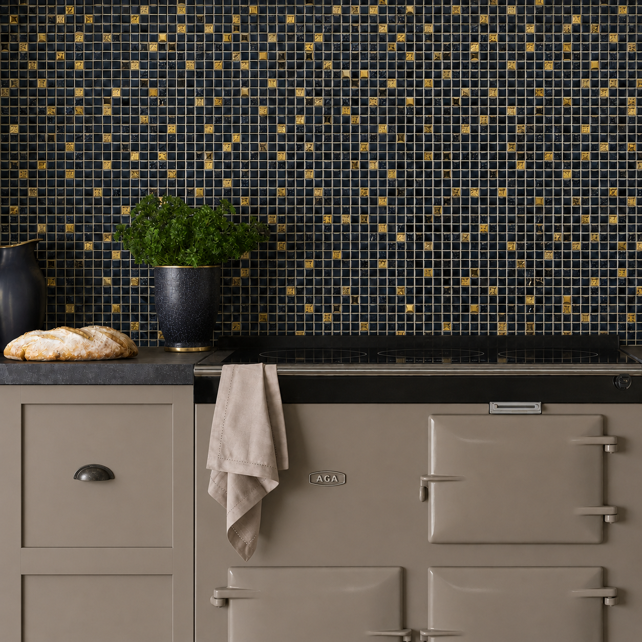 Midnight gold glass and stone mosaic splashback 