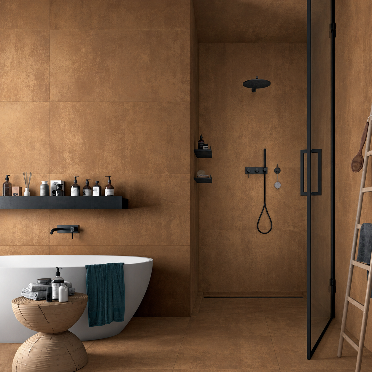 Modern bathroom with Milan Bronze metal effect porcelain wall tiles beside grey walk-in shower and freestanding bath