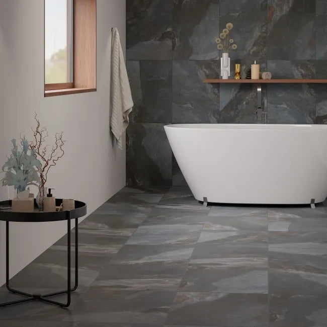 dark blue stone effect bathroom tiles 