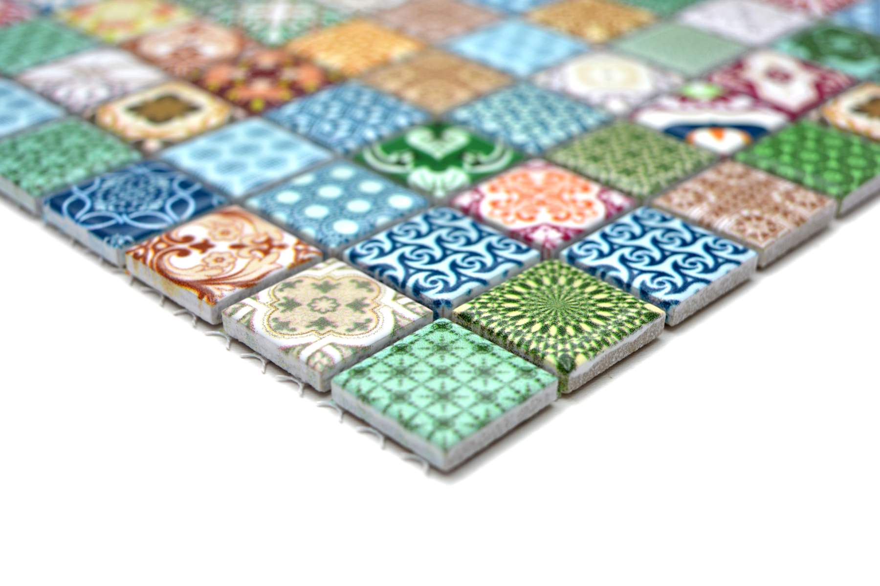 Moroccan multicolour ceramic mosaic tile sheet with 23mm patterned square chips in blue, green, terracotta and ivory tones.