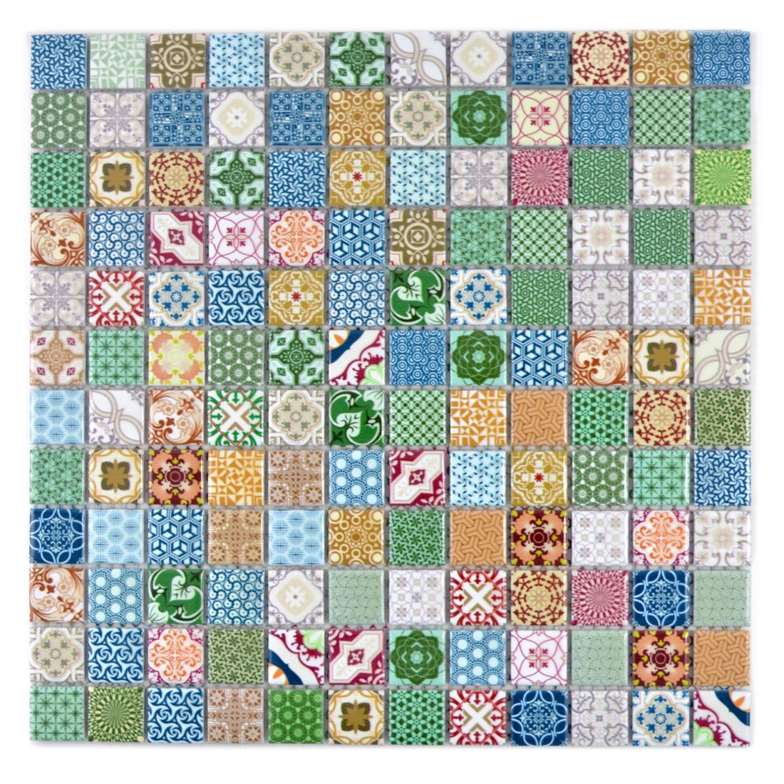 Front view of Moroccan multicolour ceramic mosaic tile sheet, 300 x 300mm, with assorted 23mm decorative square patterns