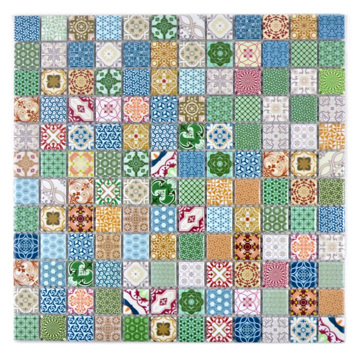 Front view of Moroccan multicolour ceramic mosaic tile sheet, 300 x 300mm, with assorted 23mm decorative square patterns