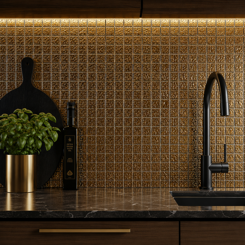 A close-up of a modern kitchen backsplash featuring textured, square metallic gold mosaic tiles. 