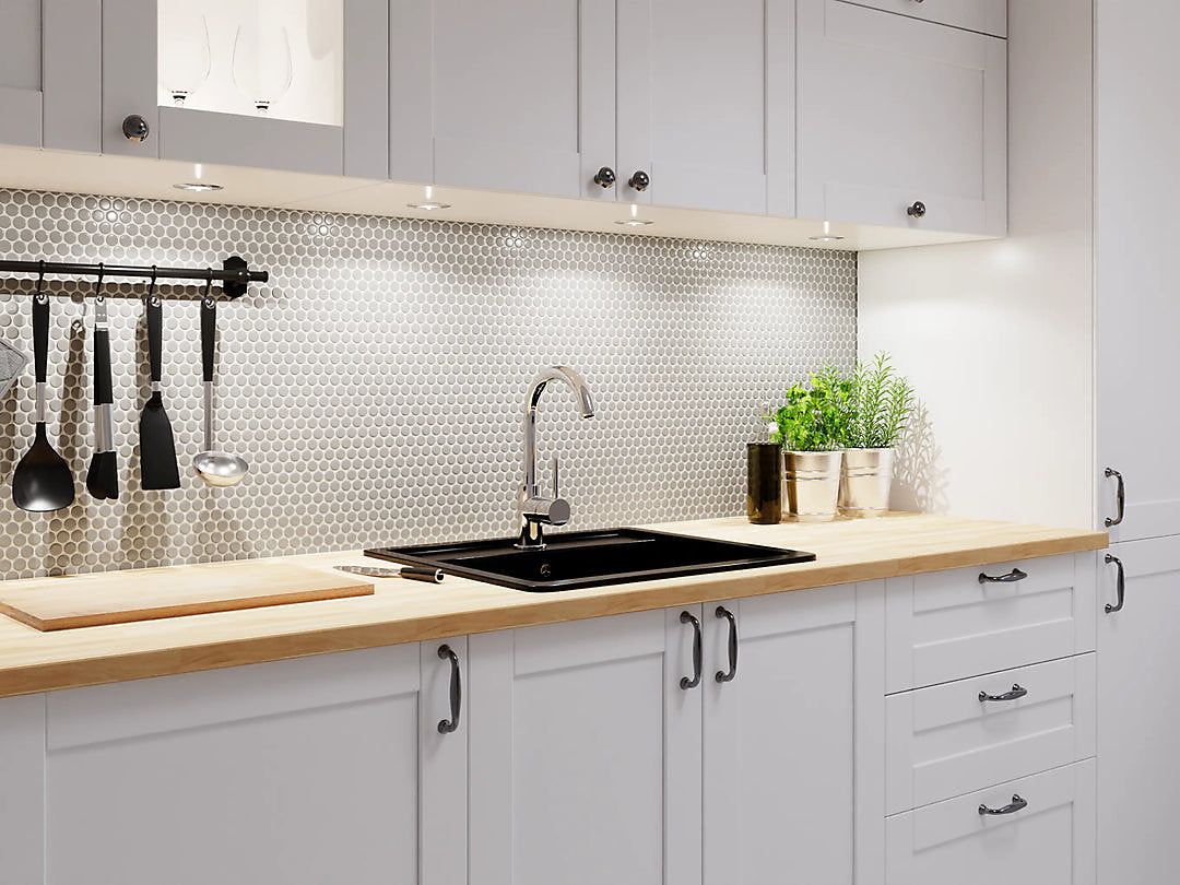 grey penny kitchen wall