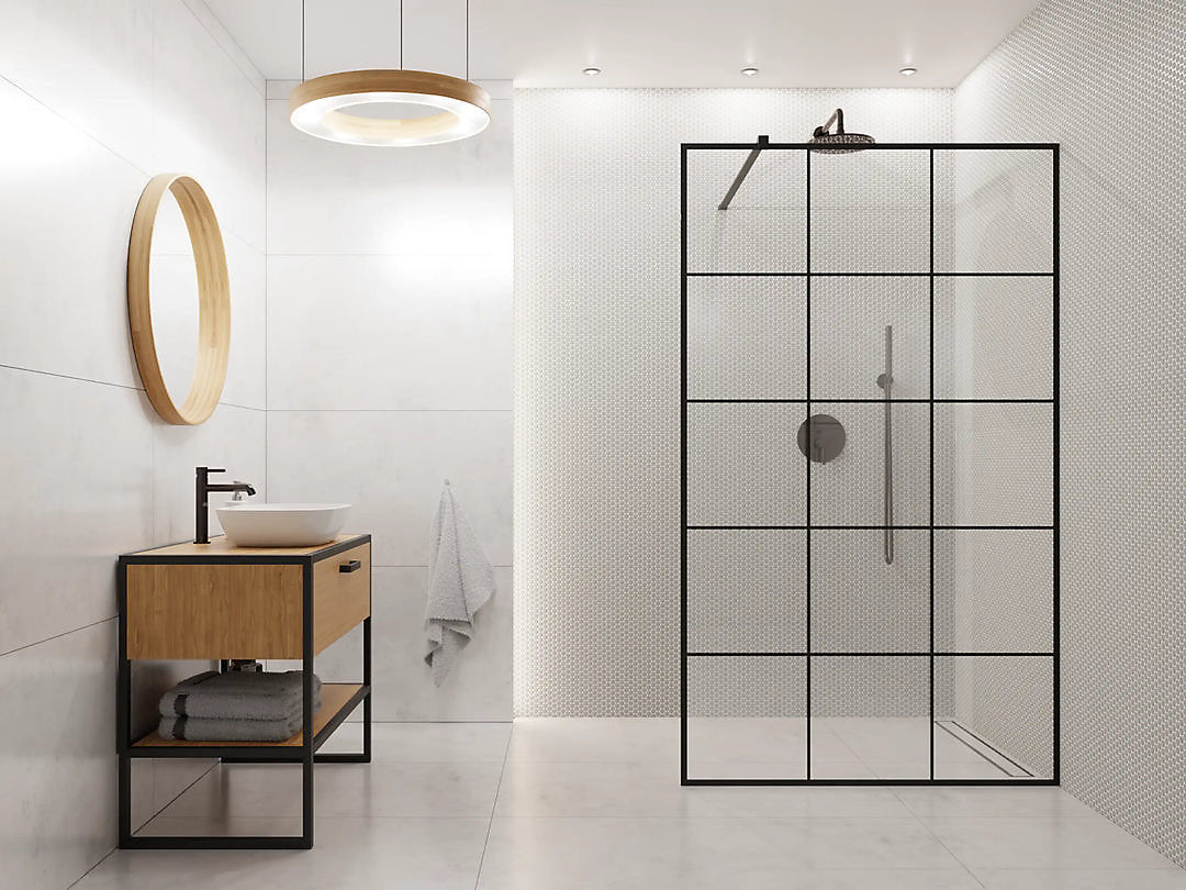 Grey penny mosaic shower wall
