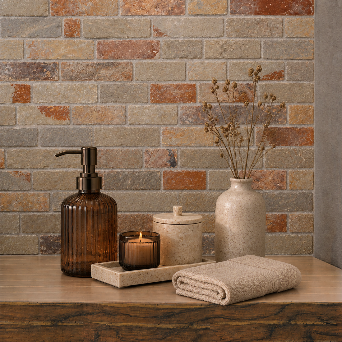 Rustic multicolour natural stone split face mosaic tile installed as a bathroom feature wall with warm beige, grey and terracotta tones