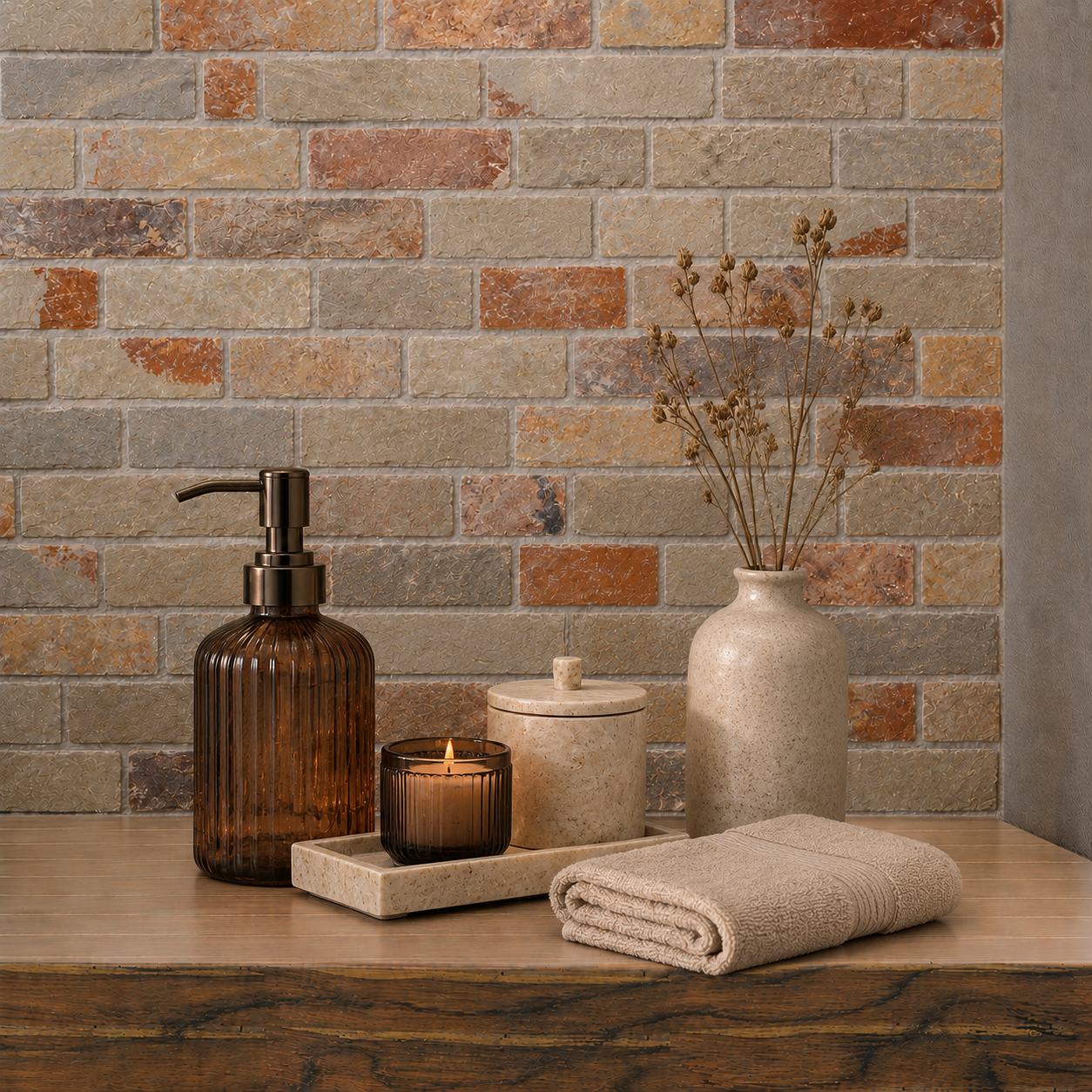 Rustic multicolour natural stone split face mosaic tile installed as a bathroom feature wall with warm beige, grey and terracotta tones