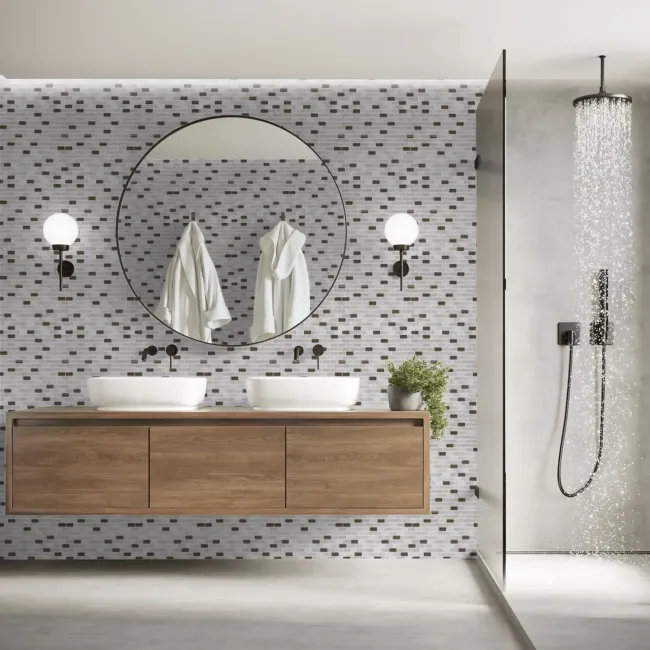 white pearl glass mosaic bathroom 