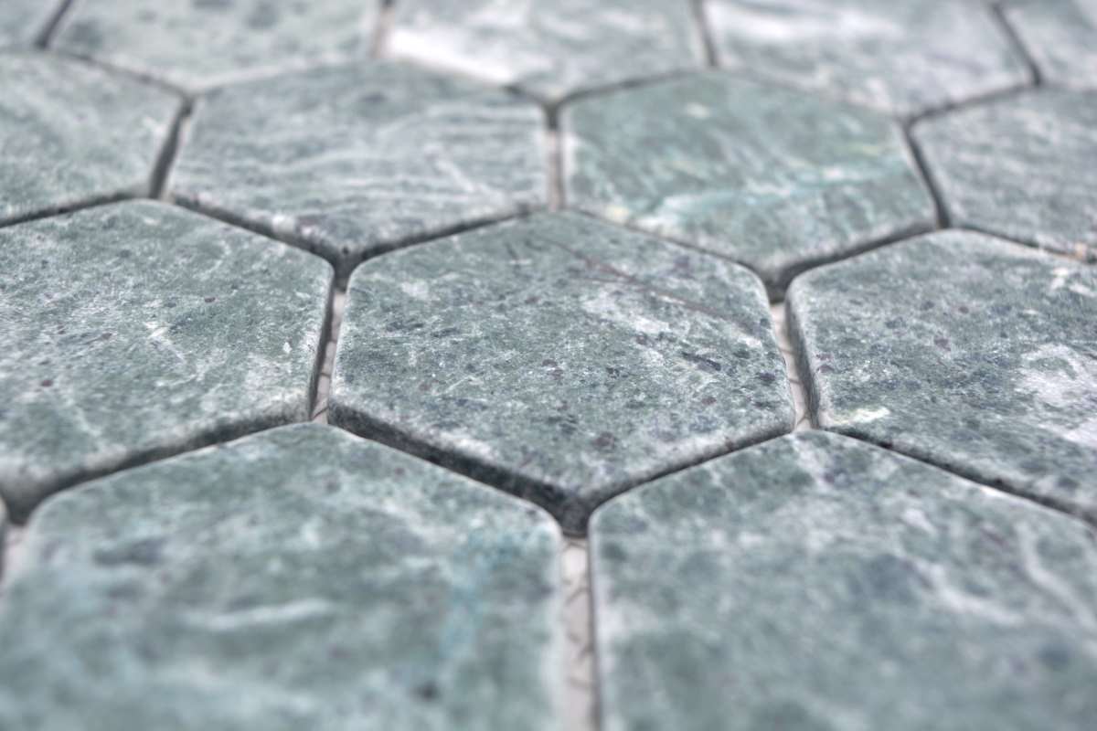 Natural Verde green marble hexagon mosaic tile for bathroom floors, shower walls, kitchen splashbacks and feature walls