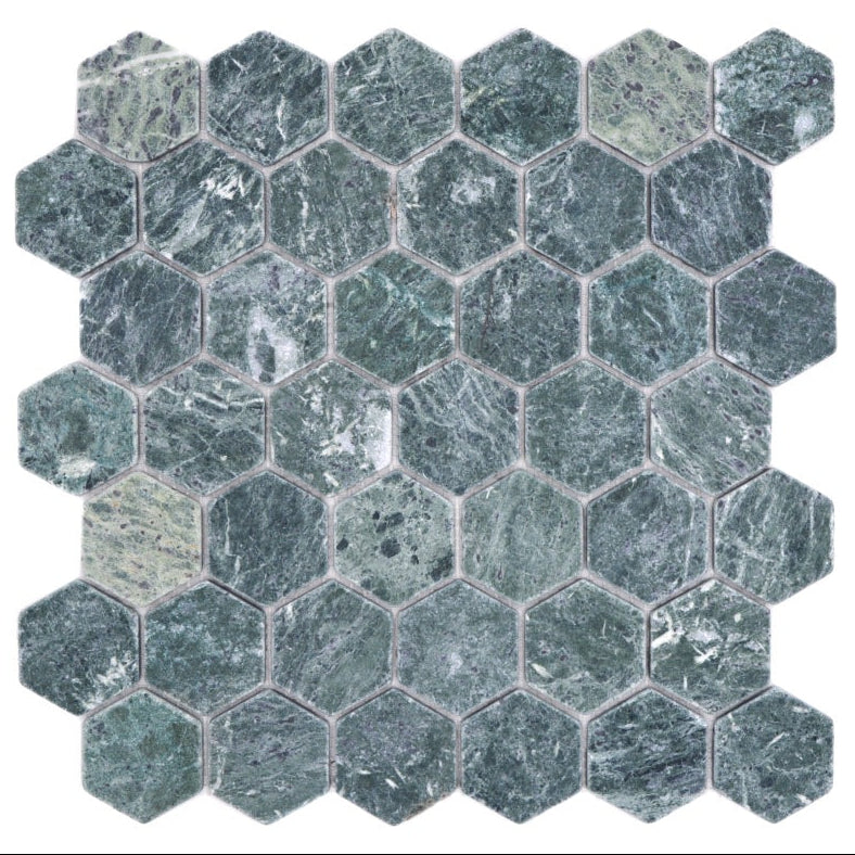 Natural Verde Marble Hexagon Mosaic Tile sheet in 48mm hexagon format with green, sage and charcoal marble tones