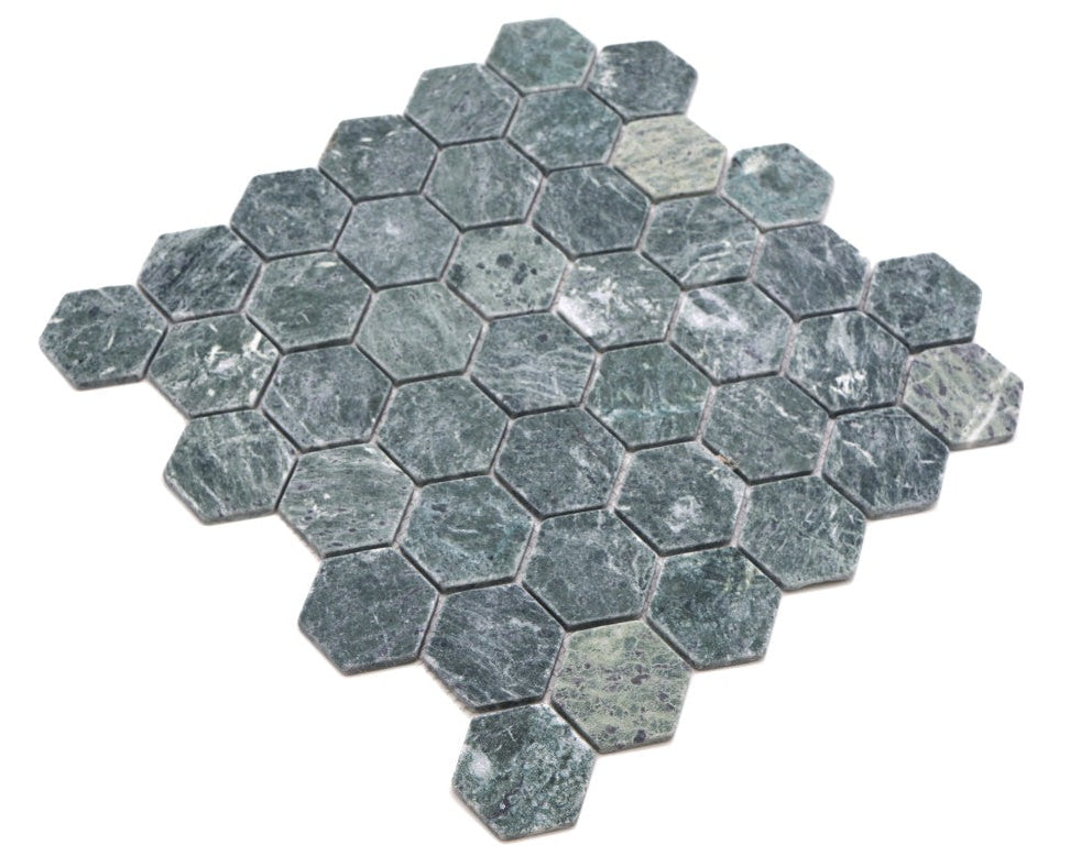 Full sheet view of Italian green marble hexagon mosaic tile on mesh backing, suitable for walls and floors