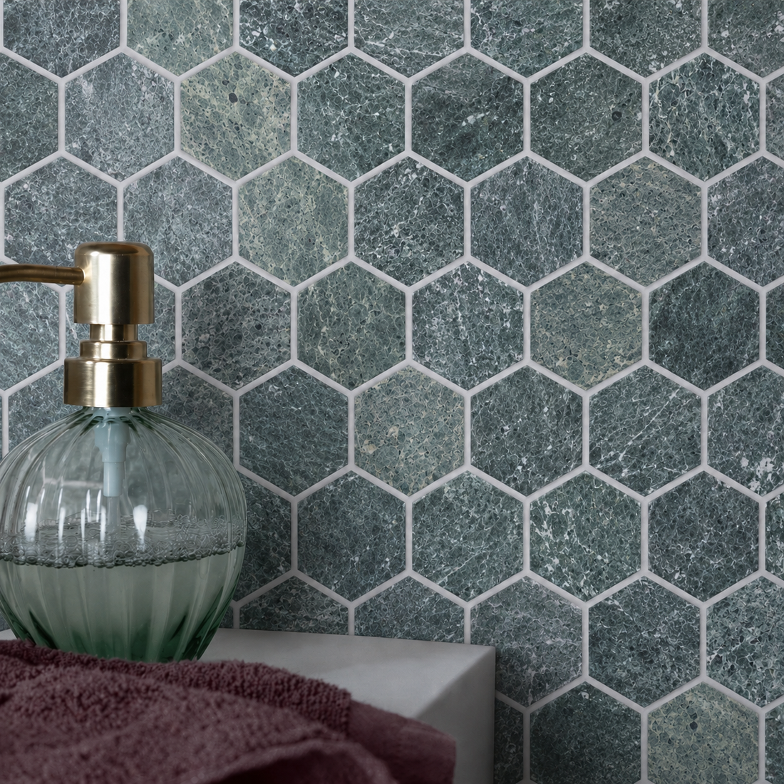 green hexagon marble mosaic wall image