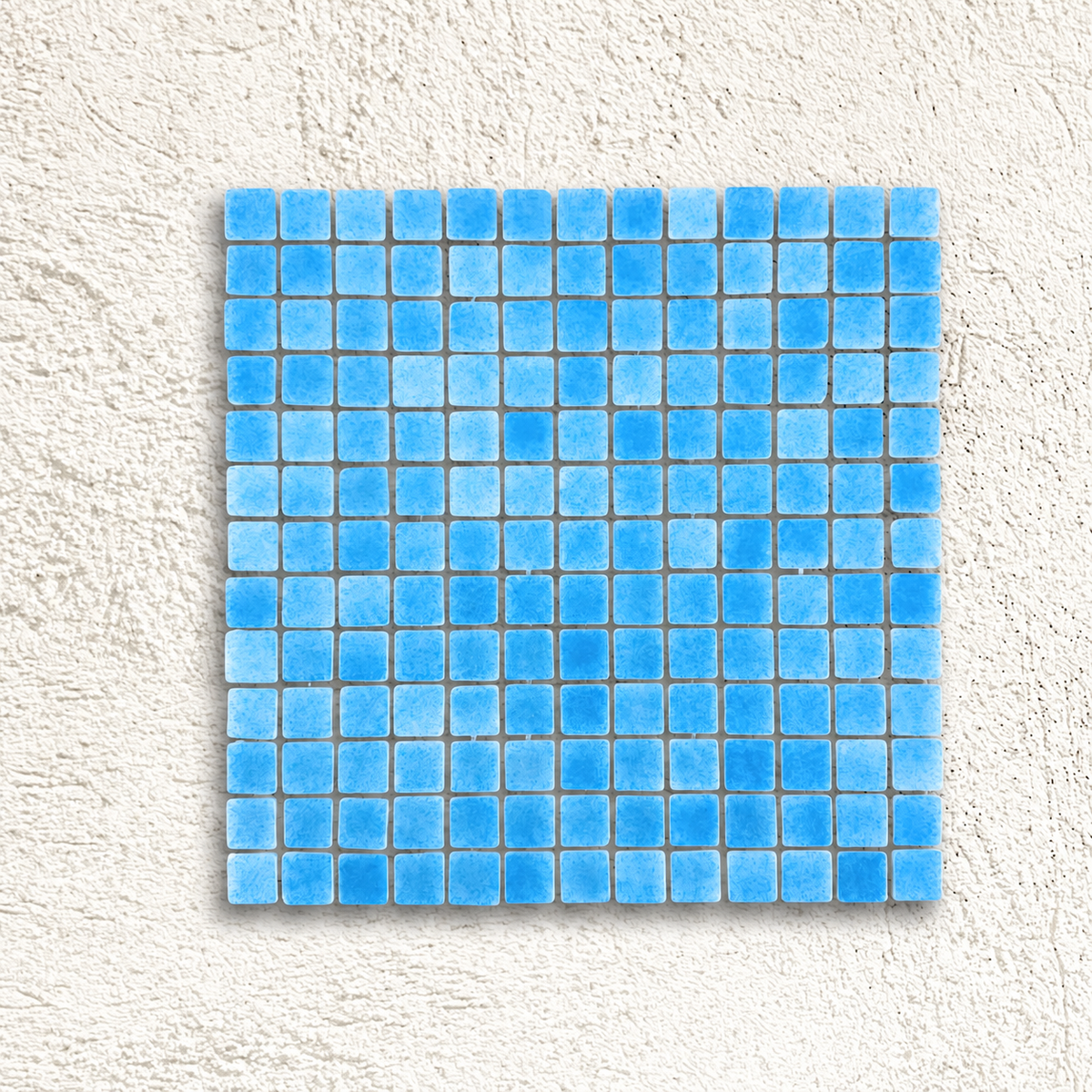 Niebla Foggy Light Blue glass mosaic tile sheet with 25mm mottled blue squares on a white textured background.